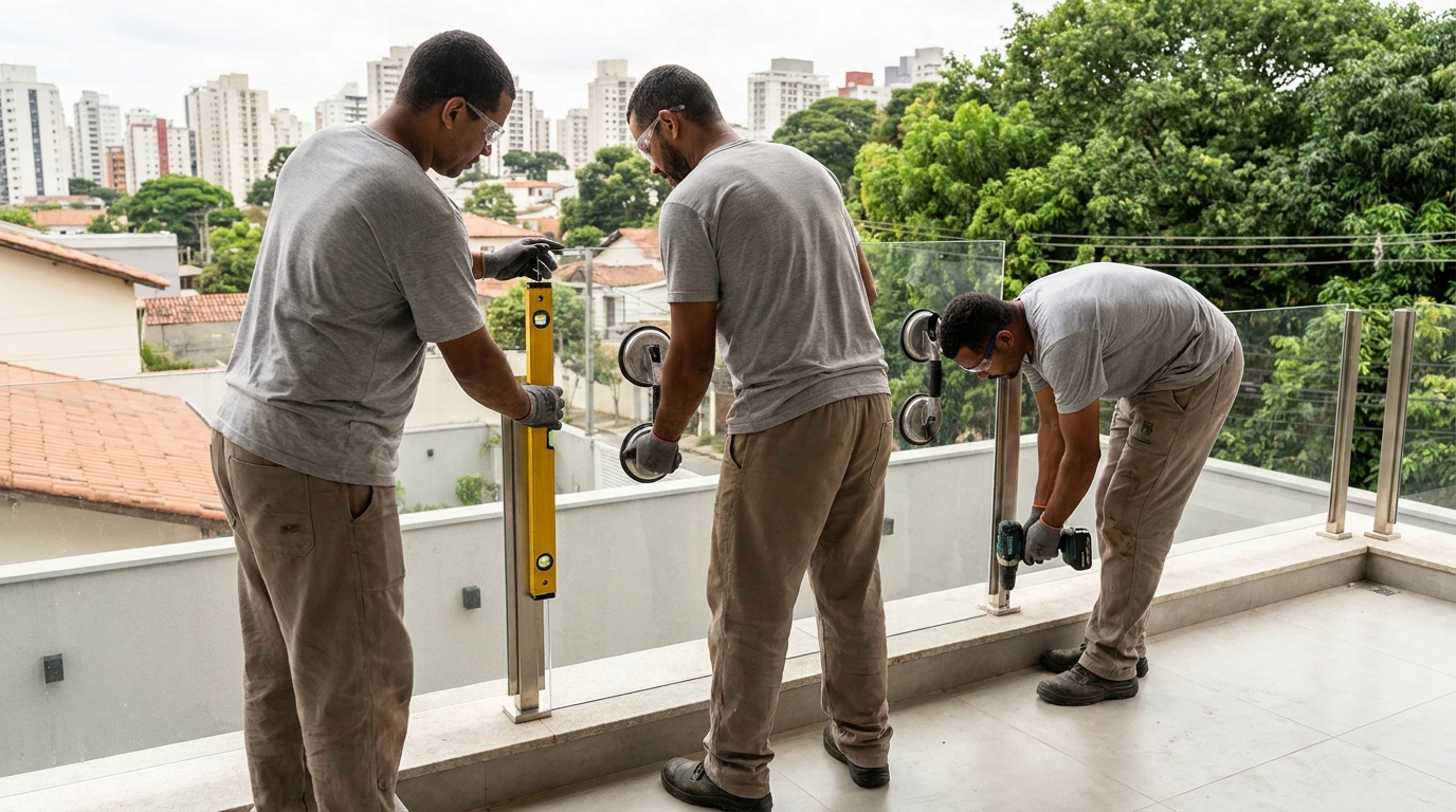 Guarda-corpo em terraço alto com vista cidade em São Bernardo do Campo-SP